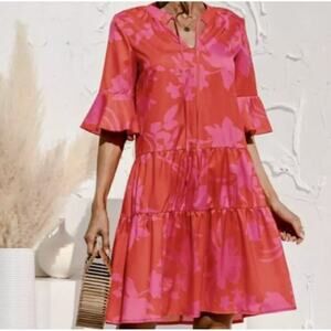 QINCAO Womens Size L Loose Tiered Babydoll Ruffled Sleeve Dress ~ Coral & Pink